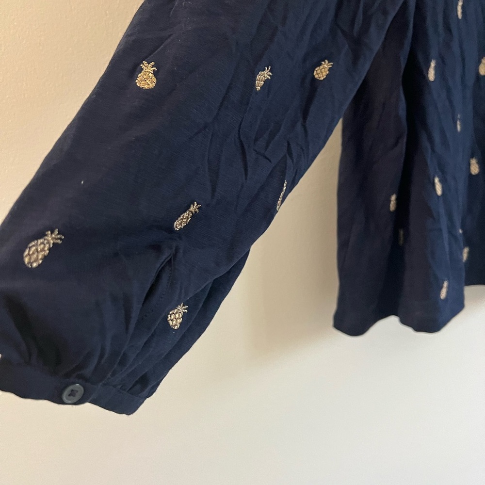Boden Navy blue button up blouse with gold Pineapple embroidery - Picture 6 of 6